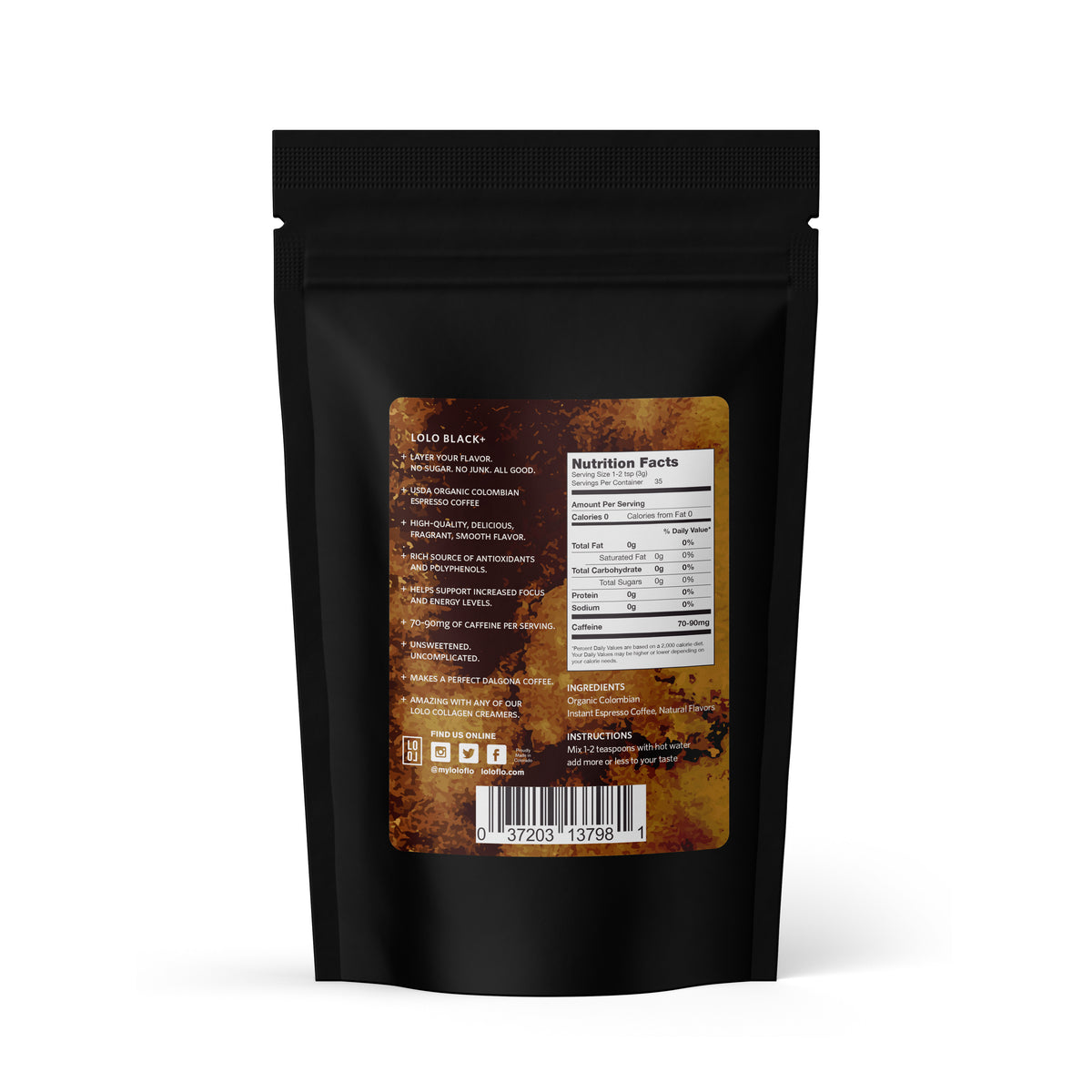 LoLo BLACK+ Organic Instant Espresso Coffee - Salted Caramel